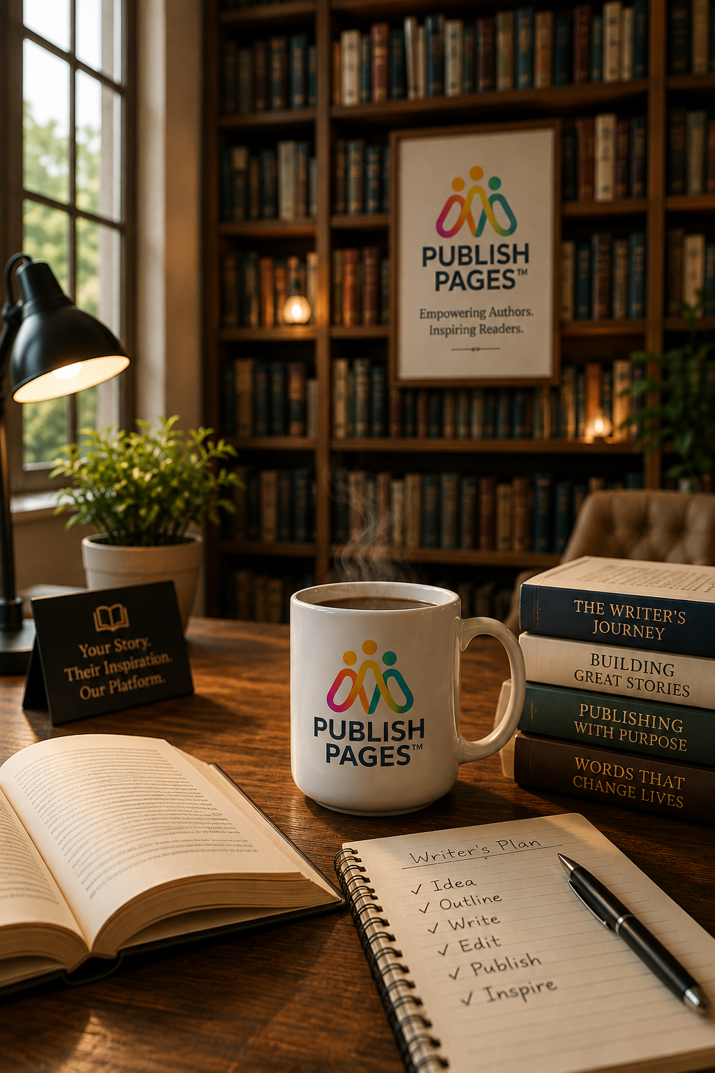 Stack of published books beside the PublishPages brand book